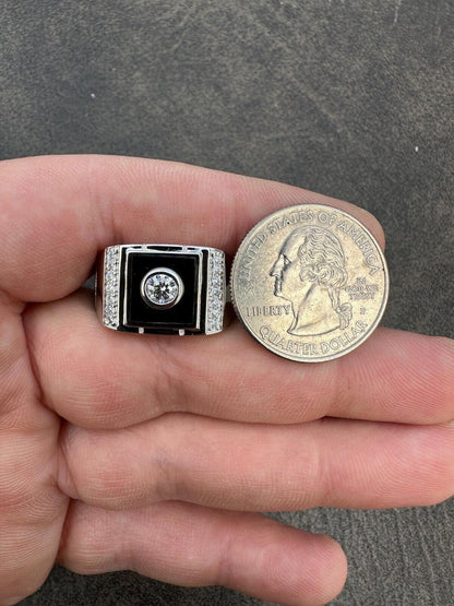 HarlemBling Moissanite Men's Real 925 Silver Iced Black Onyx Stone Ring Pass Diamond Tester