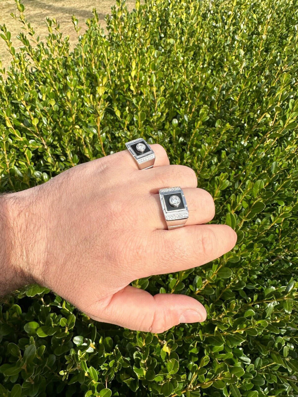 HarlemBling Moissanite Men's Real 925 Silver Iced Black Onyx Stone Ring Pass Diamond Tester