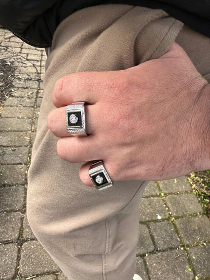 HarlemBling Moissanite Men's Real 925 Silver Iced Black Onyx Stone Ring Pass Diamond Tester