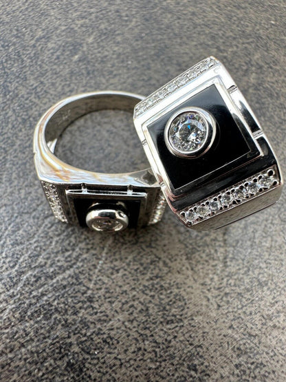 HarlemBling Moissanite Men's Real 925 Silver Iced Black Onyx Stone Ring Pass Diamond Tester