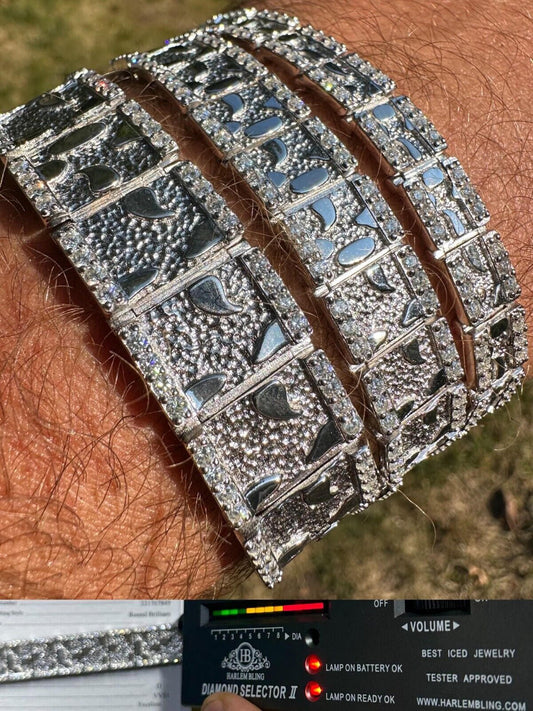 HarlemBling Moissanite Mens Real 925 Silver Iced Nugget Link Bracelet 8mm-16mm Hip Hop Heavy
