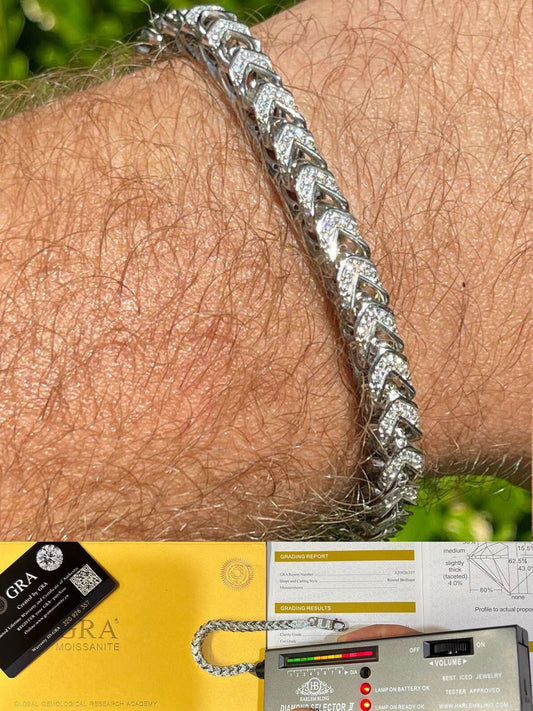 HarlemBling MOISSANITE Mens Real 925 Silver Mens Franco Bracelet ICED Passes Diamond Tester