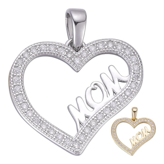 HarlemBling MOISSANITE Mom Heart Shape Love Mothers Day Pendant - 14k Gold Vermeil or 925 Silver - Tiny 0.75"