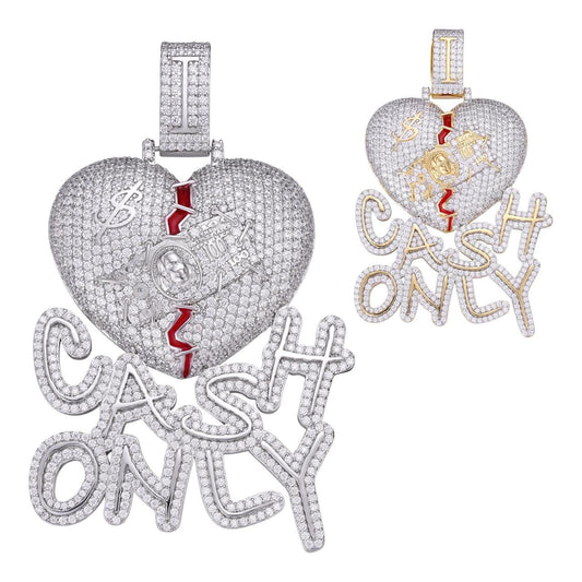 HarlemBling MOISSANITE No Love Broken Heart "CASH ONLY" Hip Hop Pendant - 14k Gold Vermeil Or 925 Silver - Large 3"