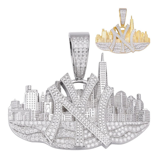 HarlemBling MOISSANITE NYC Skyline Hip Hop Pendant - 14k Gold Vermeil Or 925 Silver - Large 2.5"