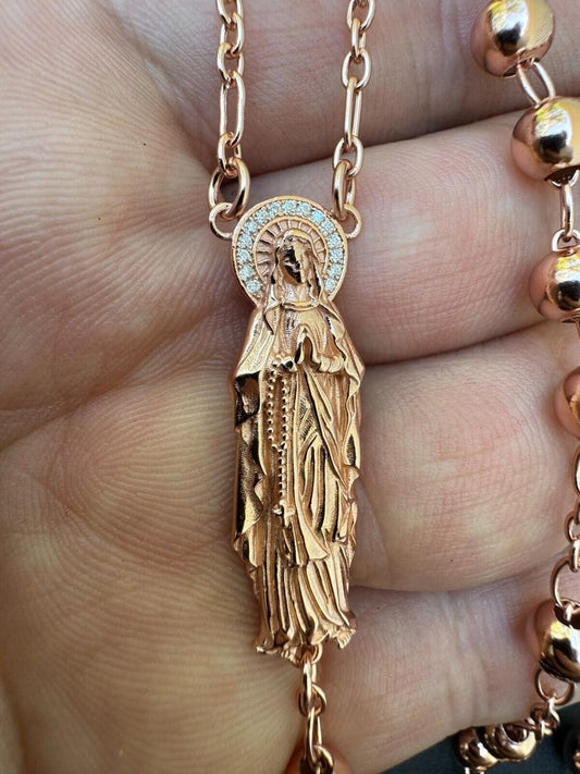 HarlemBling MOISSANITE Our Divine Mother Of Jesus Rosary Beads Necklace Iced Out - 14k Rose Gold Vermeil 925 Silver - 6mm - 30"