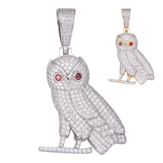 HarlemBling MOISSANITE Owl Iced Out Pendant - 14k Gold Vermeil Or 925 Silver - Medium 2.25"