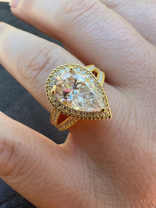 HarlemBling Moissanite Pear Tear Drop Engagement Promise Ring 14k Gold 925 Plated Silver