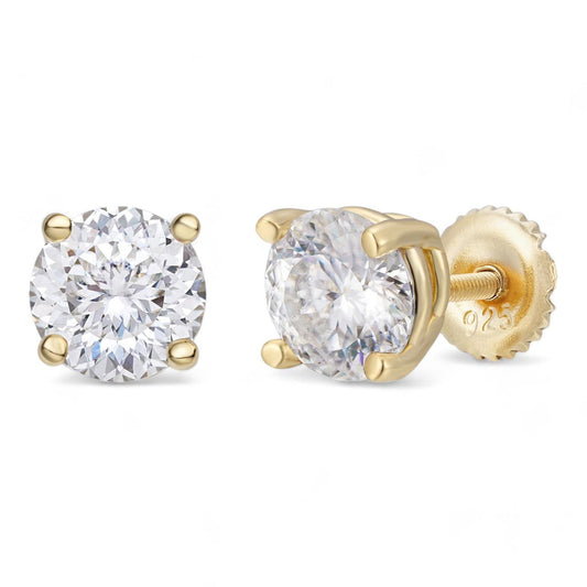 HarlemBling MOISSANITE Portuguese Cut - 100 Facets Each Stone - Solitaire Stud Earrings - 14k Gold Vermeil 925 Silver - 5mm-8mm - 1-4ct