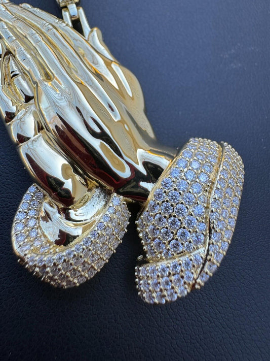 HarlemBling Moissanite Praying Folded Hands Pendant 14k Gold Over 925 Silver Iced Necklace