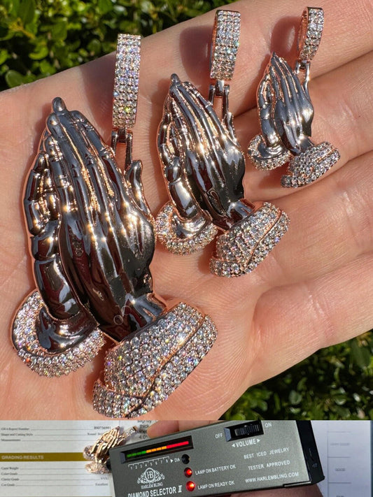 HarlemBling Moissanite Praying Folded Hands Pendant 14k Rose Gold 925 Silver Iced Necklace