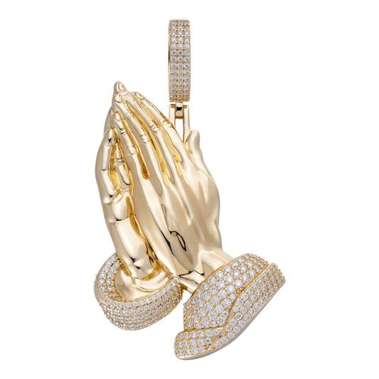HarlemBling MOISSANITE Praying Folded Hands Religious Pendant - 14k Gold Vermeil 925 Silver - 3 Sizes 1.25"-2.75"