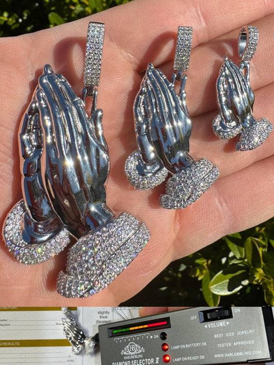 HarlemBling Moissanite Praying Folded Hands Religious Pendant 925 Silver Iced Necklace