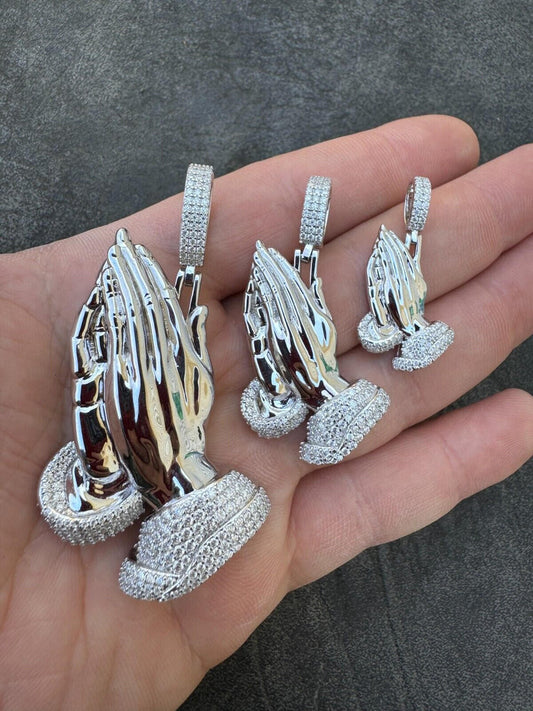 HarlemBling Moissanite Praying Folded Hands Religious Pendant 925 Silver Iced Necklace