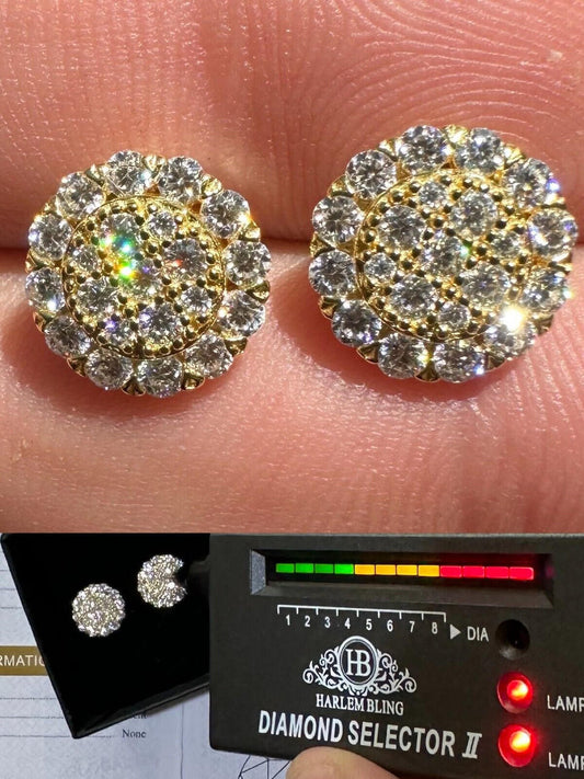 HarlemBling MOISSANITE Real 925 Silver 14k Gold Plated Iced Cluster Round Hip Hop Earrings