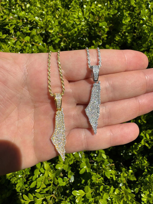 HarlemBling MOISSANITE Real 925 Silver / Gold Israel Palestine Map Necklace Pendant