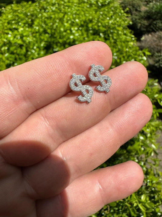 HarlemBling MOISSANITE Real 925 Silver Men Ladies Dollar Sign $ Money Earrings Iced Studs