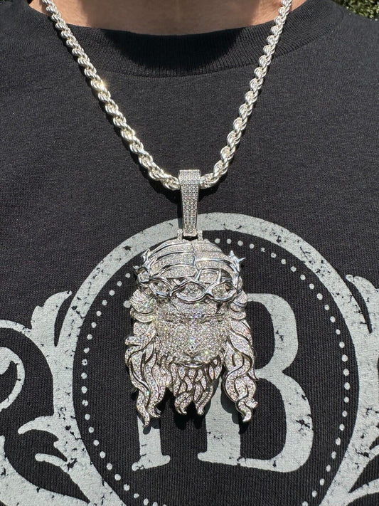 HarlemBling MOISSANITE Real 925 Sterling Silver Iced Out Hip Hop Jesus Piece Pendant Necklace
