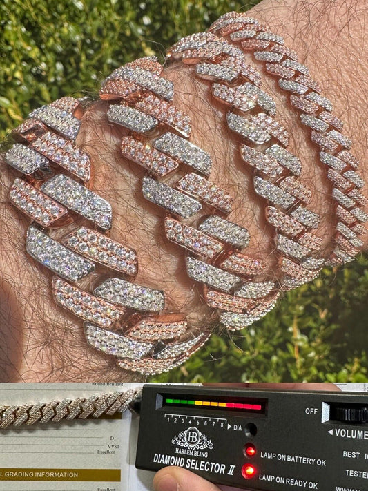 HarlemBling MOISSANITE Real Miami Cuban Link Prong Bracelet Iced 14k Rose Gold & 925 Silver