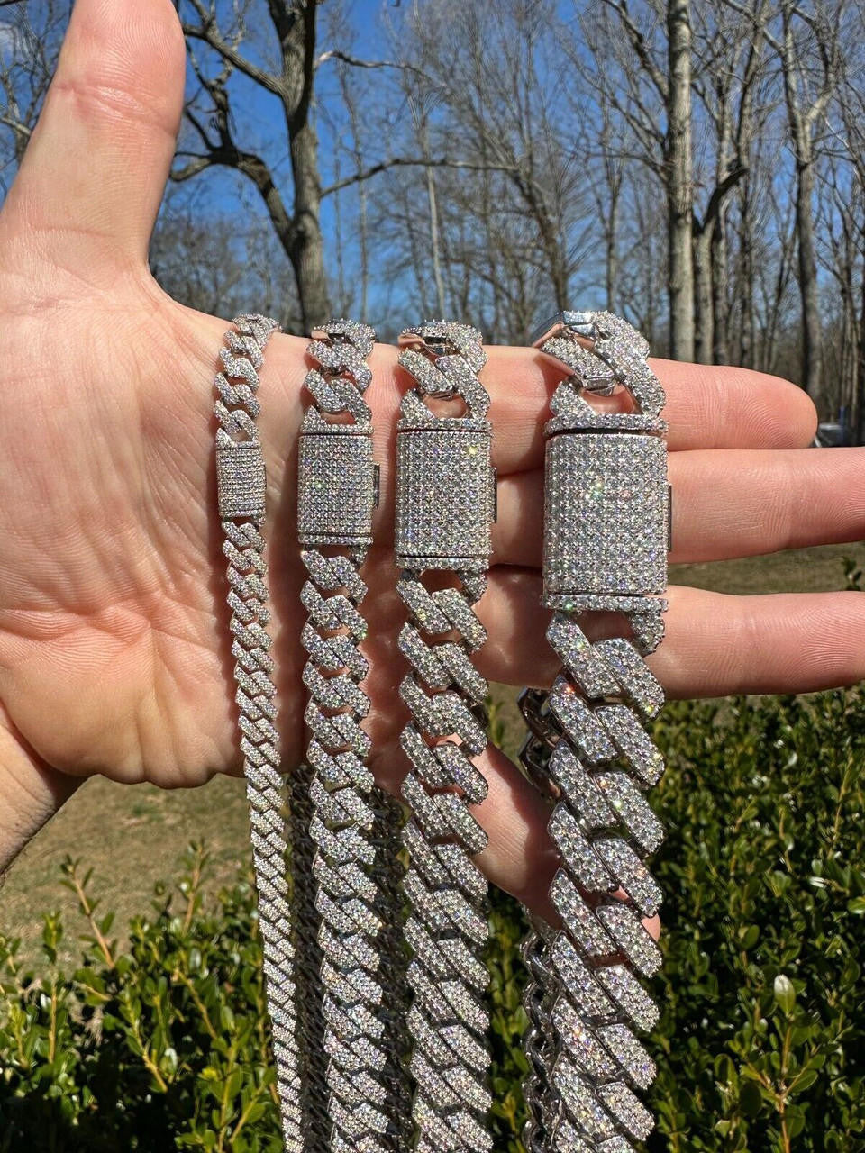 HarlemBling MOISSANITE Real Miami Cuban Link Prong Chain Iced Hip Hop 925 Silver Necklace