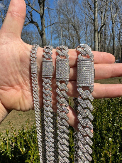 HarlemBling MOISSANITE Real Miami Cuban Link Prong Chain Iced Hip Hop 925 Silver Necklace