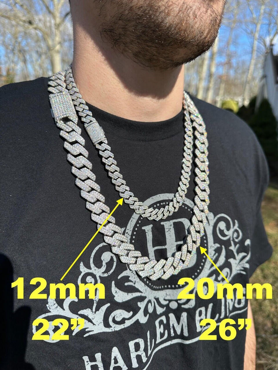 HarlemBling MOISSANITE Real Miami Cuban Link Prong Chain Iced Hip Hop 925 Silver Necklace