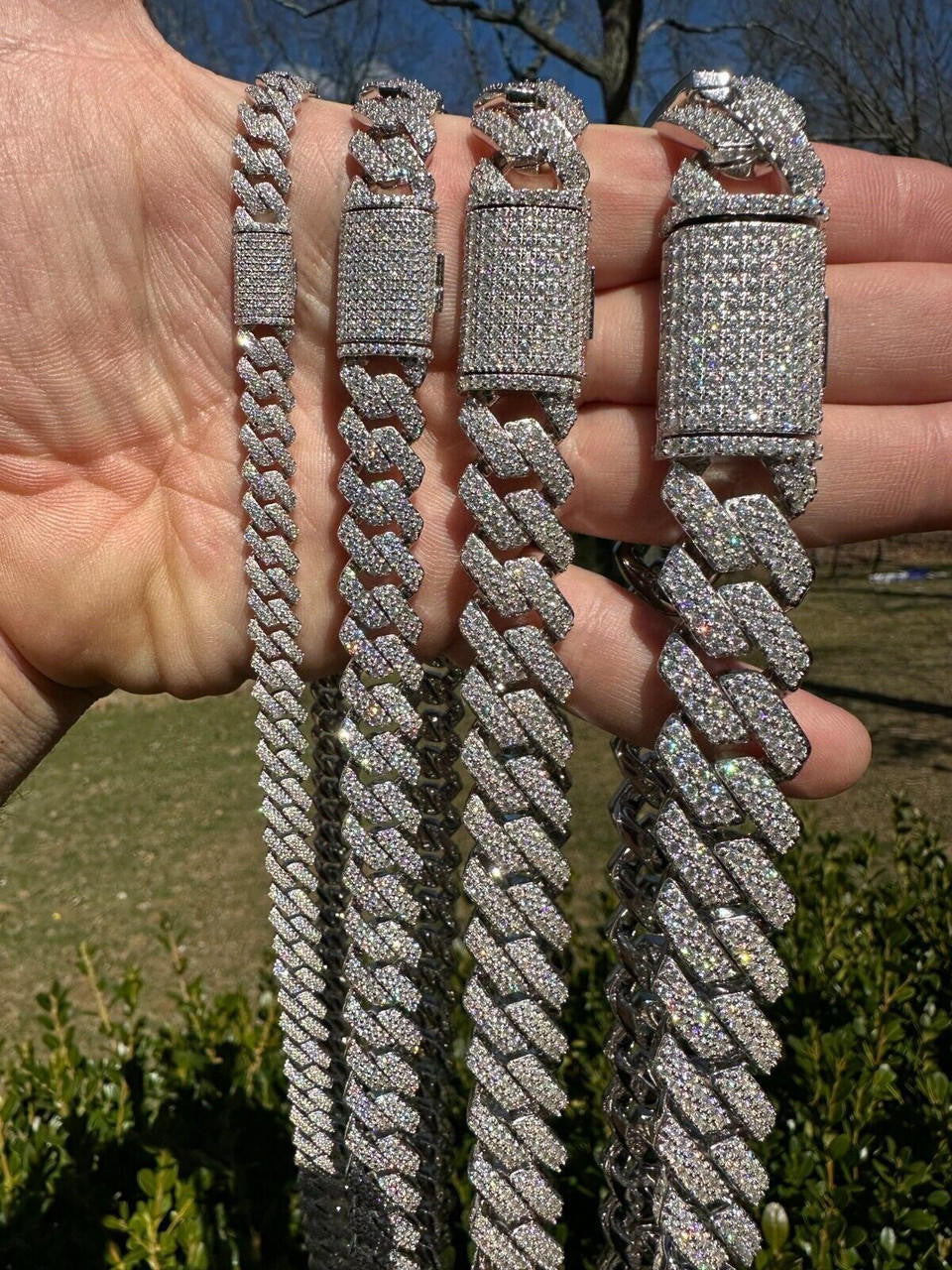 HarlemBling MOISSANITE Real Miami Cuban Link Prong Chain Iced Hip Hop 925 Silver Necklace