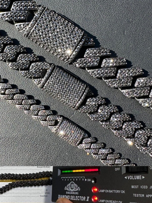 HarlemBling MOISSANITE Real Miami Cuban Link Prong Chain Necklace Black Rhodium 925 Silver