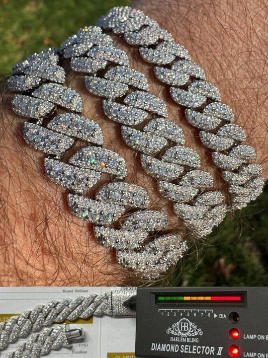 HarlemBling MOISSANITE Real Miami Cuban Prong Link Iced Hip Hop 925 Silver Bracelet 7-9"