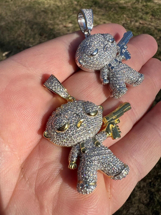 HarlemBling MOISSANITE Real Silver / Gold Stewie Griffin Family Guy Necklace Diamond Test 