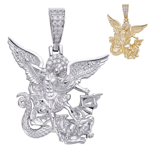 HarlemBling MOISSANITE Saint Michael Archangel Slaying Dragon Pendant - 14k Yellow Gold Vermeil Or 925 Silver - Small 1.33"