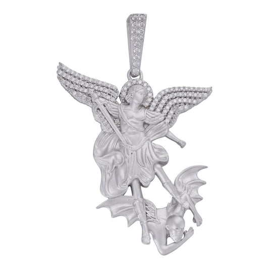 HarlemBling MOISSANITE Saint Michael Archangel Slaying Dragon Pendant - Sandblasted Matte Finish 925 Silver - 3 Sizes 1.25"-3"