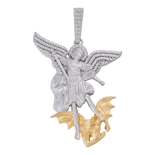 HarlemBling MOISSANITE Saint Michael Archangel Slaying Dragon Pendant - Sandblasted Matte Finish 925 Silver & 14k Gold Vermeil - 3 Sizes 1.25"-3"