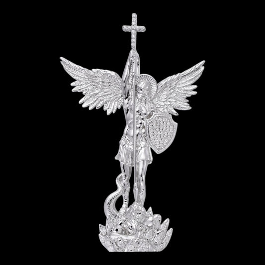 HarlemBling MOISSANITE Saint St Michael Slaying Dragon Archangel Pendant - 10k White Gold - 3 Sizes 1"-3"