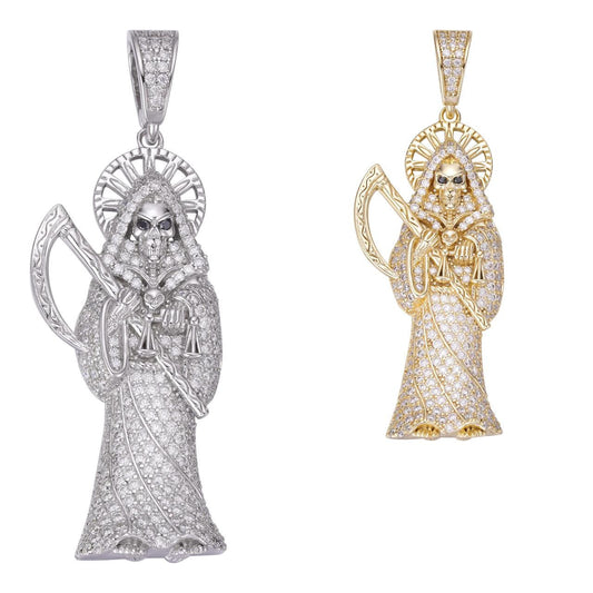 HarlemBling MOISSANITE Santa Muerte Grim Reaper Iced Out Pendant - 14k Gold Vermeil Or 925 Silver - Large 2.5"