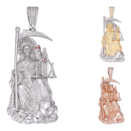 HarlemBling MOISSANITE Santa Muerte Grim Reaper Pendant - 14k Yellow/Rose Gold Vermeil or 925 Silver - Large 3"
