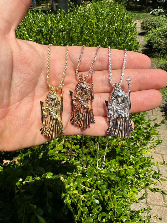 HarlemBling MOISSANITE Santa Muerte Grim Reaper Pendant Skull & AK47 Gun 925 Silver Necklace