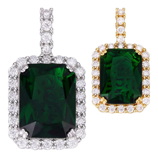 HarlemBling MOISSANITE Simulated Green Emerald Diamond Pendant - 14k Gold Vermeil Or 925 Silver - Small 1.5"