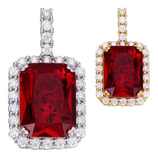 HarlemBling MOISSANITE Simulated Red Ruby Diamond Pendant - 14k Gold Vermeil Or 925 Silver - Small 1.5"