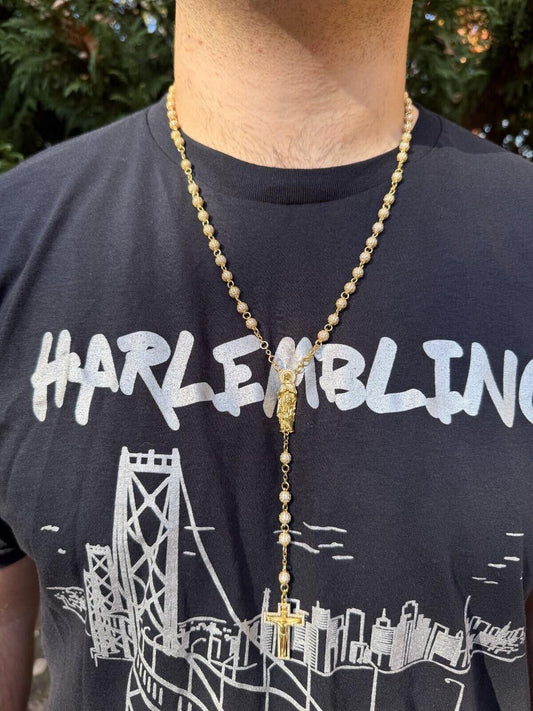 HarlemBling MOISSANITE Sinaloa Cartel Fully Iced Out Rosary Beads Necklace - 14k Gold Vermeil 925 Silver - 6mm - 30"
