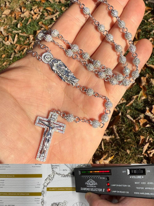 HarlemBling MOISSANITE Sinaloa Cartel Fully Iced Out Rosary Beads Necklace - 925 Silver - 6mm - 30"