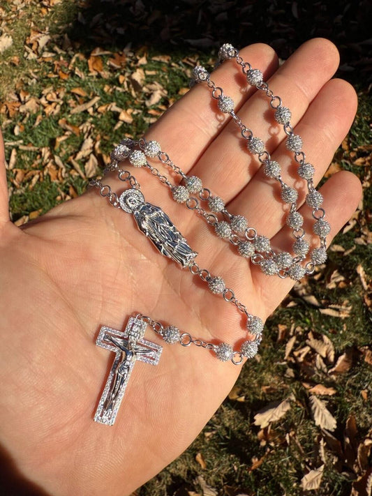 HarlemBling MOISSANITE Sinaloa Cartel Fully Iced Out Rosary Beads Necklace - 925 Silver - 6mm - 30"