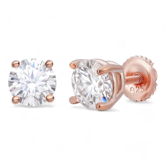 HarlemBling MOISSANITE Solitaire Stud Earrings - 14k Rose Gold Vermeil 925 Silver - 4mm-10mm - 0.6-8ct