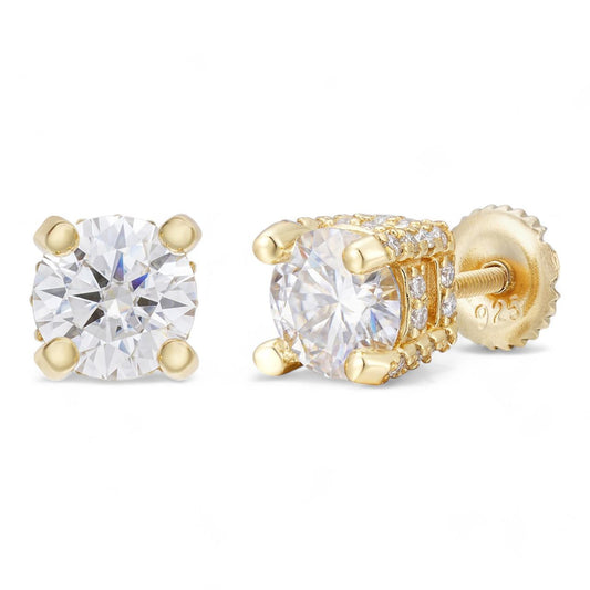 HarlemBling MOISSANITE Solitaire Stud Reinvented Earrings - Stones On All Sides - 14k Gold Vermeil 925 Silver - 5mm-8mm