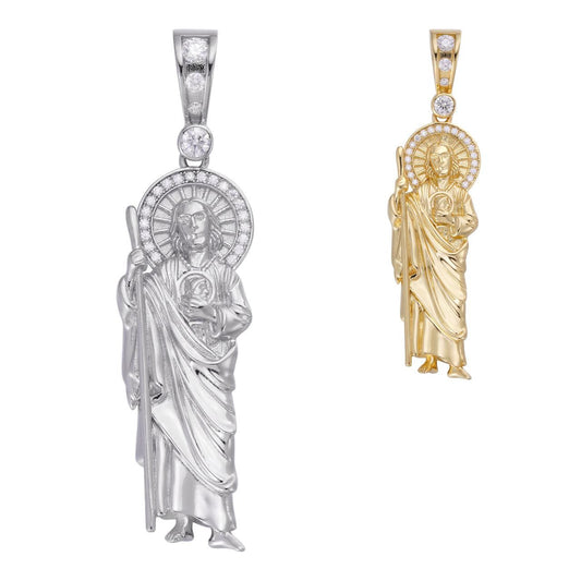 HarlemBling MOISSANITE St Jude Tadeo Iced Pendant - 14k Gold Vermeil Or 925 Silver - Large 2.5"