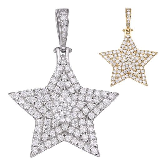 HarlemBling MOISSANITE Star Iced Out Pendant - 14k Gold Vermeil Or 925 Silver - Medium 1.75"