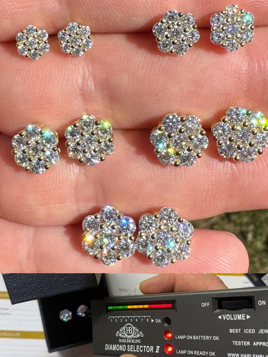 HarlemBling Moissanite Studs Iced Cluster Flower Set Earrings Real 14k Gold Over 925 Silver