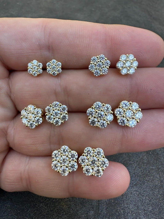 HarlemBling Moissanite Studs Iced Cluster Flower Set Earrings Real 14k Gold Over 925 Silver