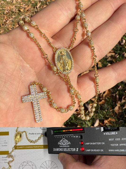 HarlemBling MOISSANITE The Vatican Fully Iced Out Rosary Beads Necklace - 14k Gold Vermeil 925 Silver - 4mm - 30"