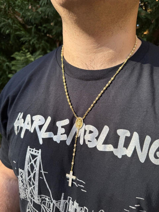 HarlemBling MOISSANITE The Vatican Fully Iced Out Rosary Beads Necklace - 14k Gold Vermeil 925 Silver - 4mm - 30"